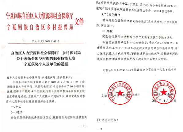 热烈祝贺!宁夏新东方技工学校在乡村振兴职业技能大赛荣获嘉奖